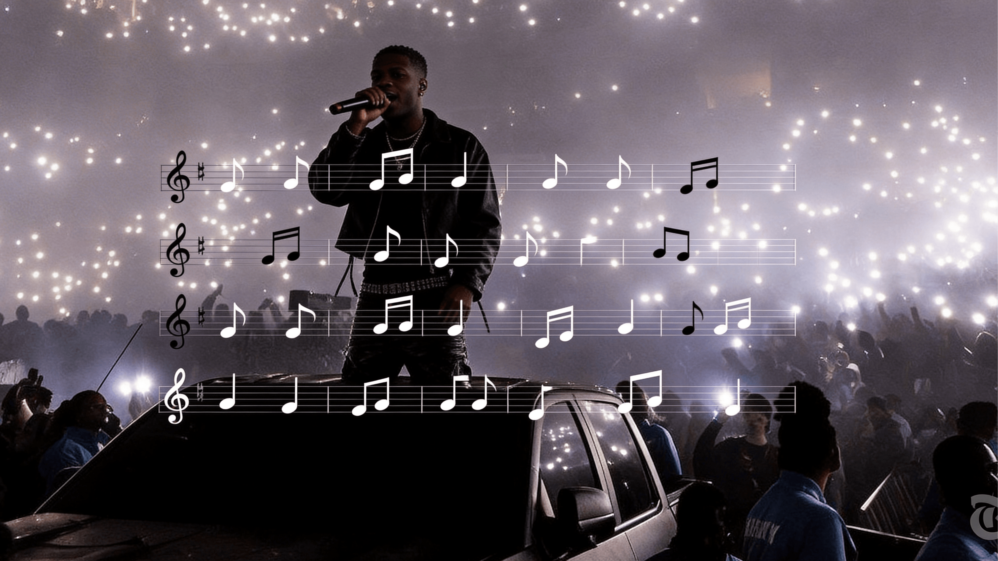 Rapper performing on stage with floating musical notes and sheet music overlay, crowd holding phone lights in background